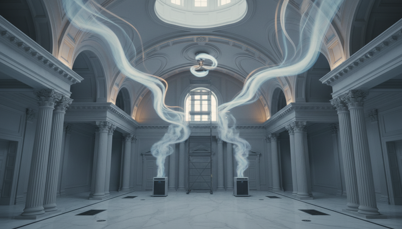 Vertical air flow patterns in high-ceiling water damage restoration.