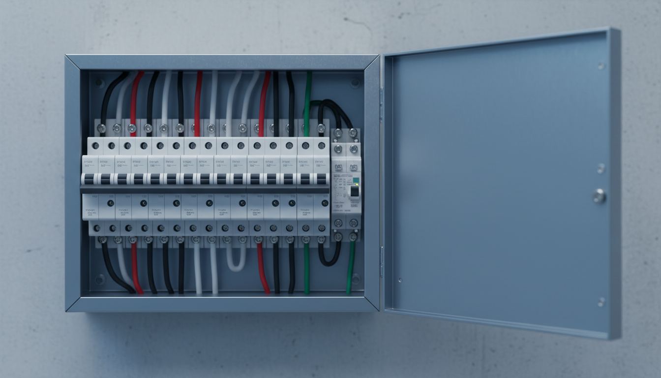 Modern code-compliant electrical panel in an Edina Tudor restoration.