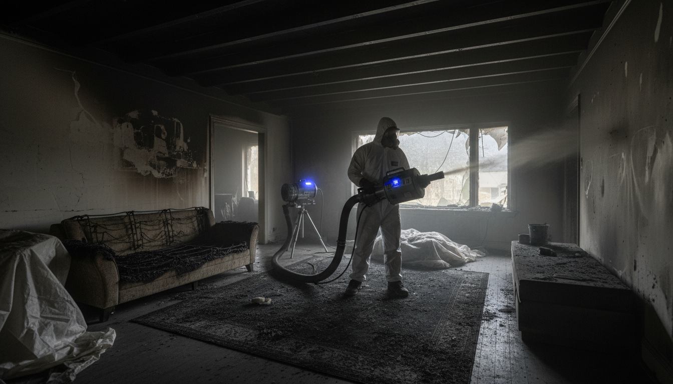 Fire damage cleaning in a large high-ceiling home