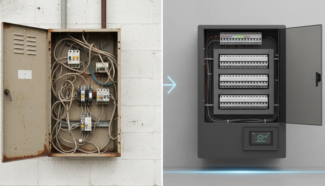 Code-mandated electrical panel upgrade during estate restoration.