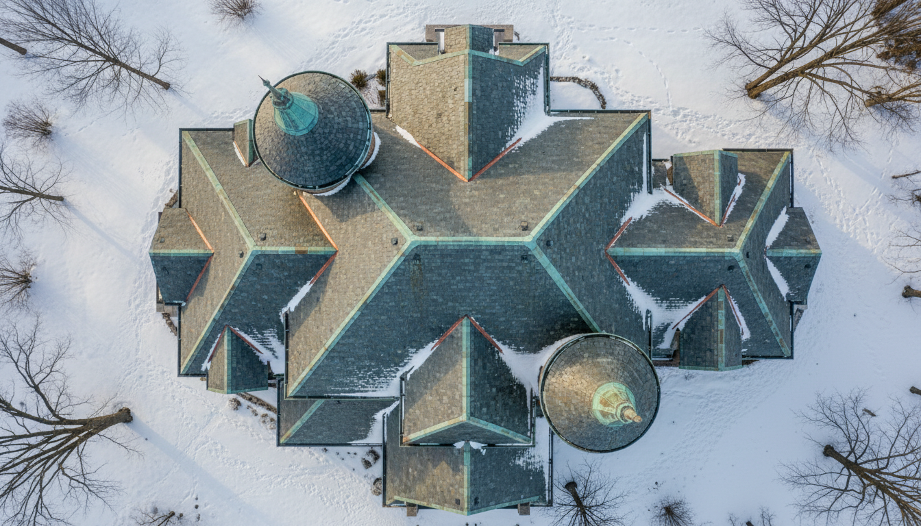 Complex architectural roofline on a Lake Minnetonka estate.
