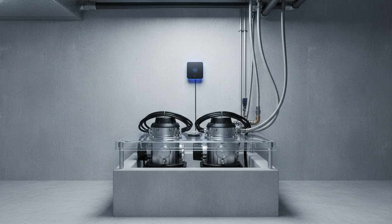 Commercial-grade sump pump installation in a Plymouth basement.