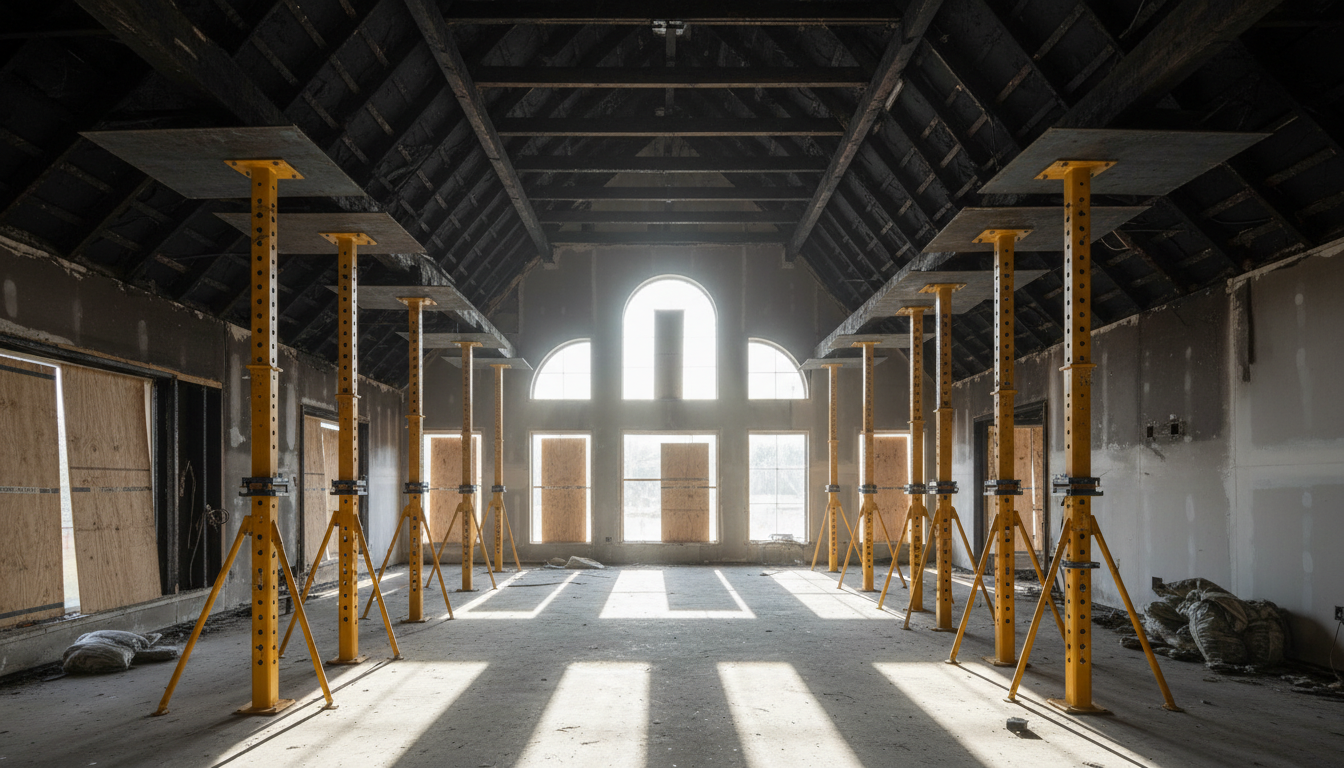 Structural shoring and stabilization of a luxury great room.