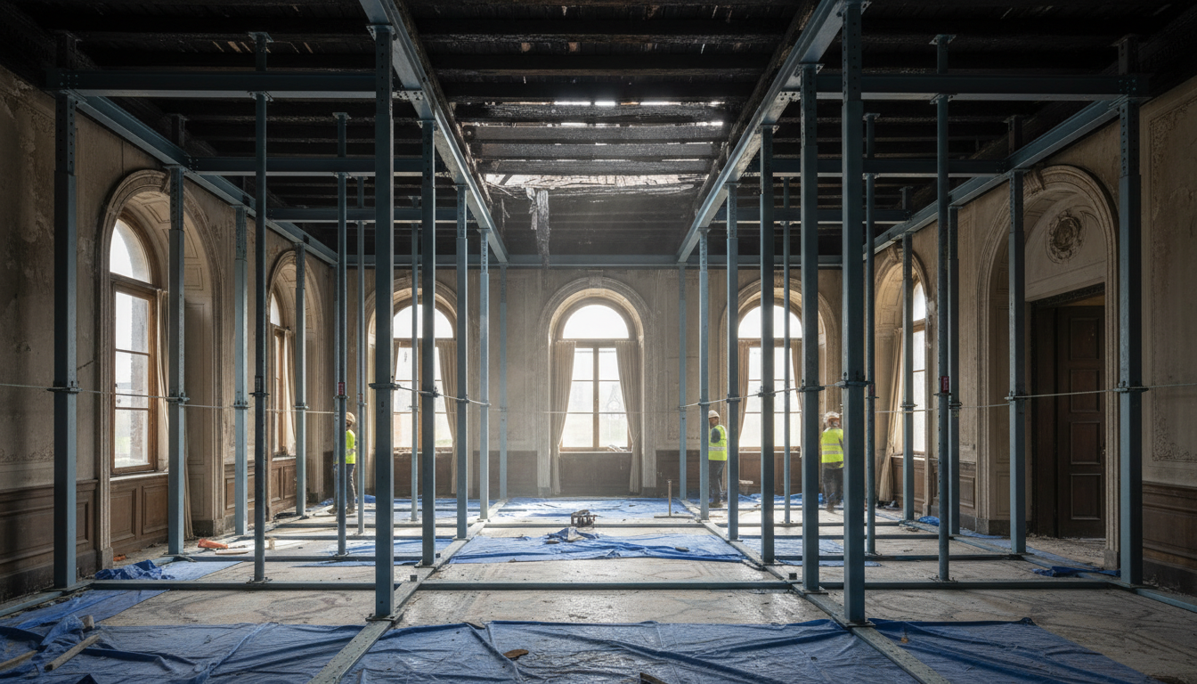 Structural shoring and stabilization in a damaged home