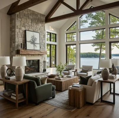 Living room with fireplace by Partners Restoration