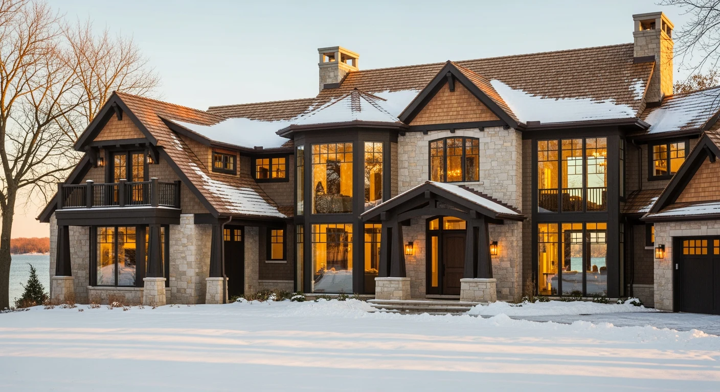 Luxury custom-built Minnesota lakefront home at golden hour showcasing Partners Restoration craftsmanship