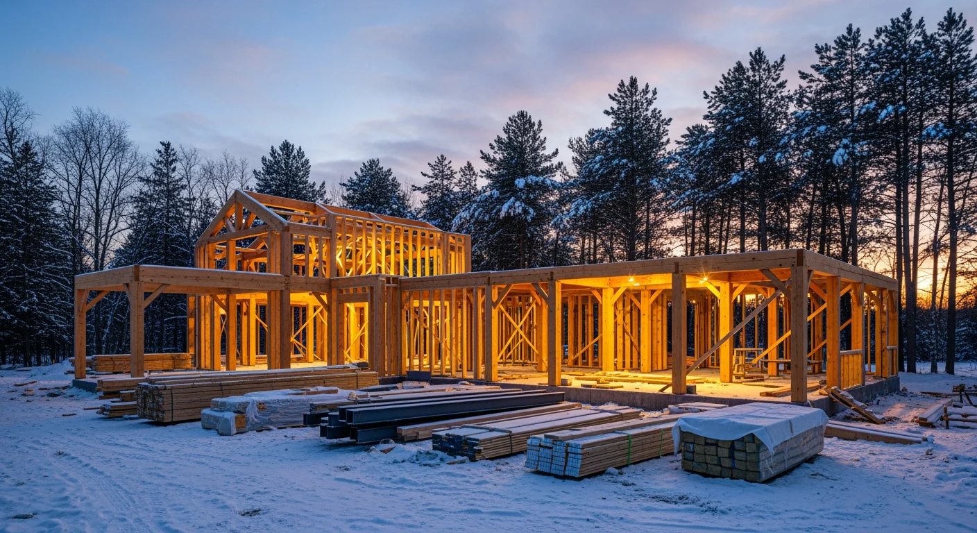 Modern luxury home under construction in Minnesota winter by Partners Restoration