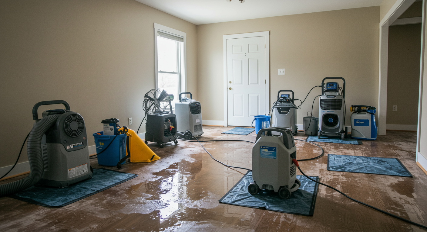 Professional water damage restoration equipment deployed in a Minnesota home by Partners Restoration