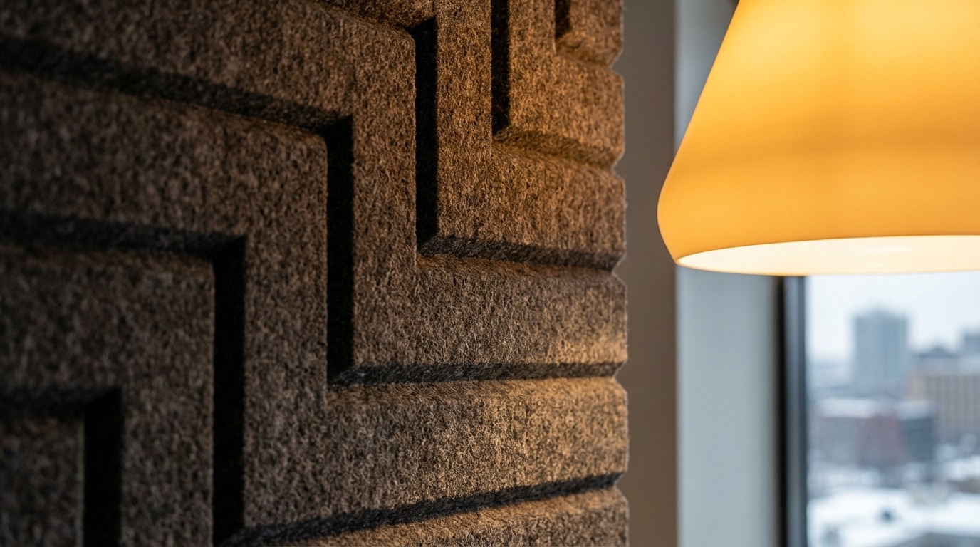 Acoustic design contrast in a Minneapolis office — charcoal acoustic felt panels and white oak slat wall left, curved lounge chairs with amber pendant lamp right, Minneapolis winter skyline through floor-to-ceiling windows beyond