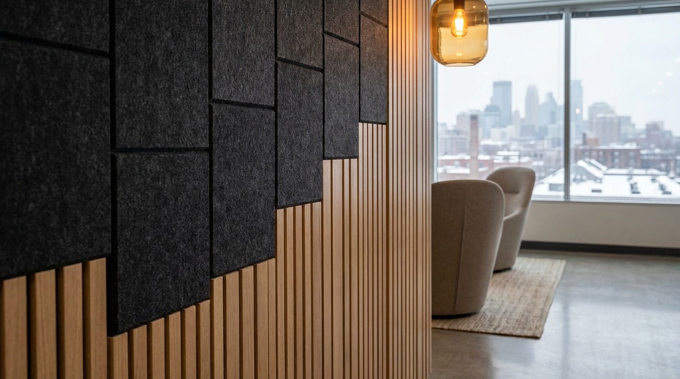 Macro detail of acoustic felt ceiling panels in a Minneapolis office — geometric grooves and compressed fiber texture fill the frame, warm amber pendant lamp glowing right, Minneapolis winter skyline visible through window beyond