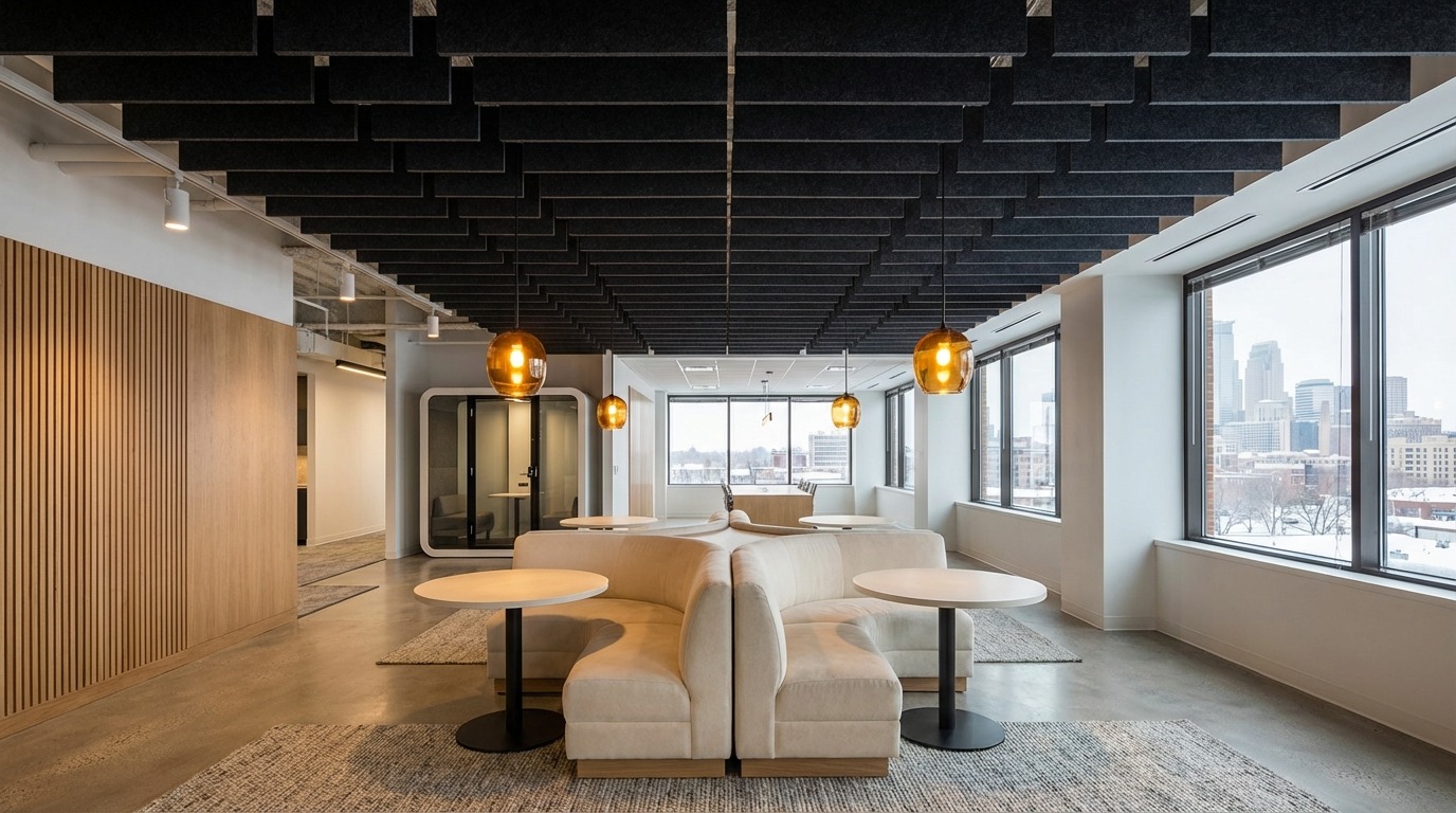Material proof of acoustic office design — close view of charcoal acoustic felt panels meeting white oak slat wall, warm-lit glass phone booth pod soft in background with winter Minneapolis light, amber pendant lamp above