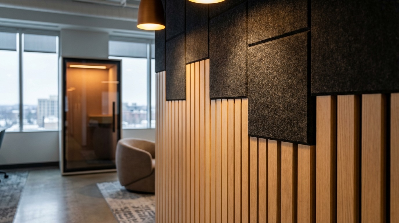 Full acoustic office design system in a Minneapolis Minnesota workplace — stepped charcoal acoustic felt ceiling panels running the full length, white oak slat wall left, glass phone booth pod center, curved sectional lounge with amber globe pendants, Minneapolis winter skyline through floor-to-ceiling windows on two sides