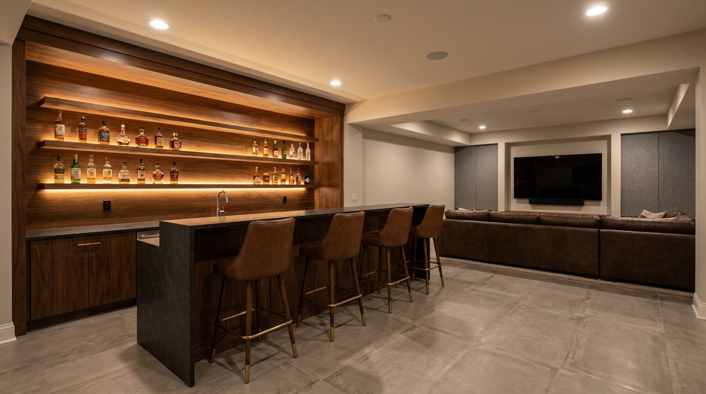 Vignette mood shot of a Minnetonka Minnesota lower level bar — warm amber LED light illuminating backlit whiskey bottles on walnut floating shelves, dark granite bar counter with leather bar stools, lounge sectional and TV wall in warm shadow beyond