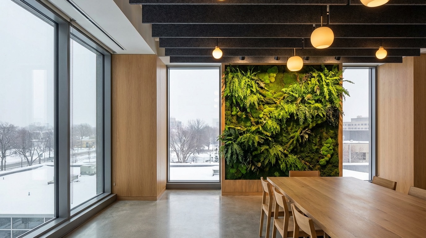 The contrast argument — Minneapolis office with biophilic design showing cold gray winter snow and bare trees outside floor-to-ceiling windows left, lush living green plant wall with ferns right, conference table running between them