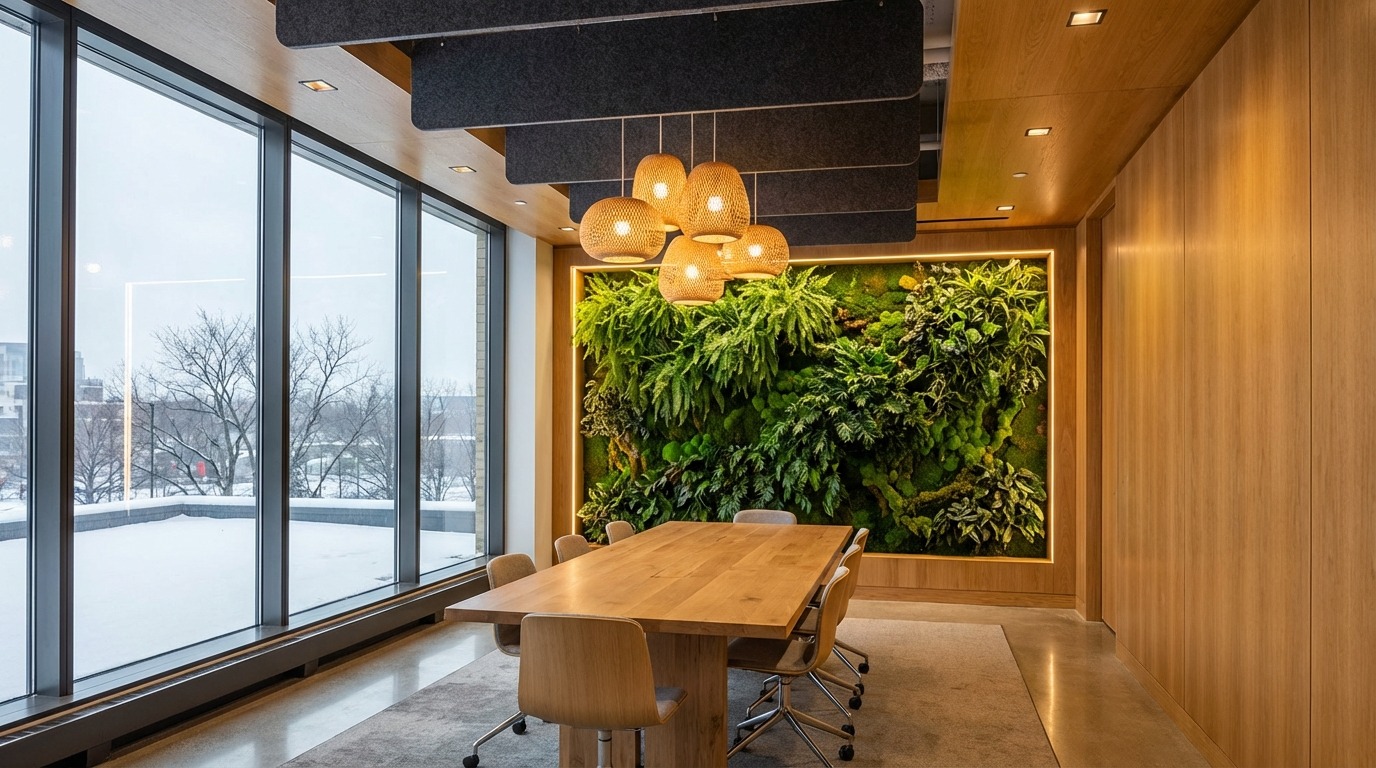 Material proof shot of a Minneapolis biophilic office — close view of the junction between white oak wood paneling grain and living green fern plant wall, pendant lamps cutting through frame top, showing biophilic design as a material decision