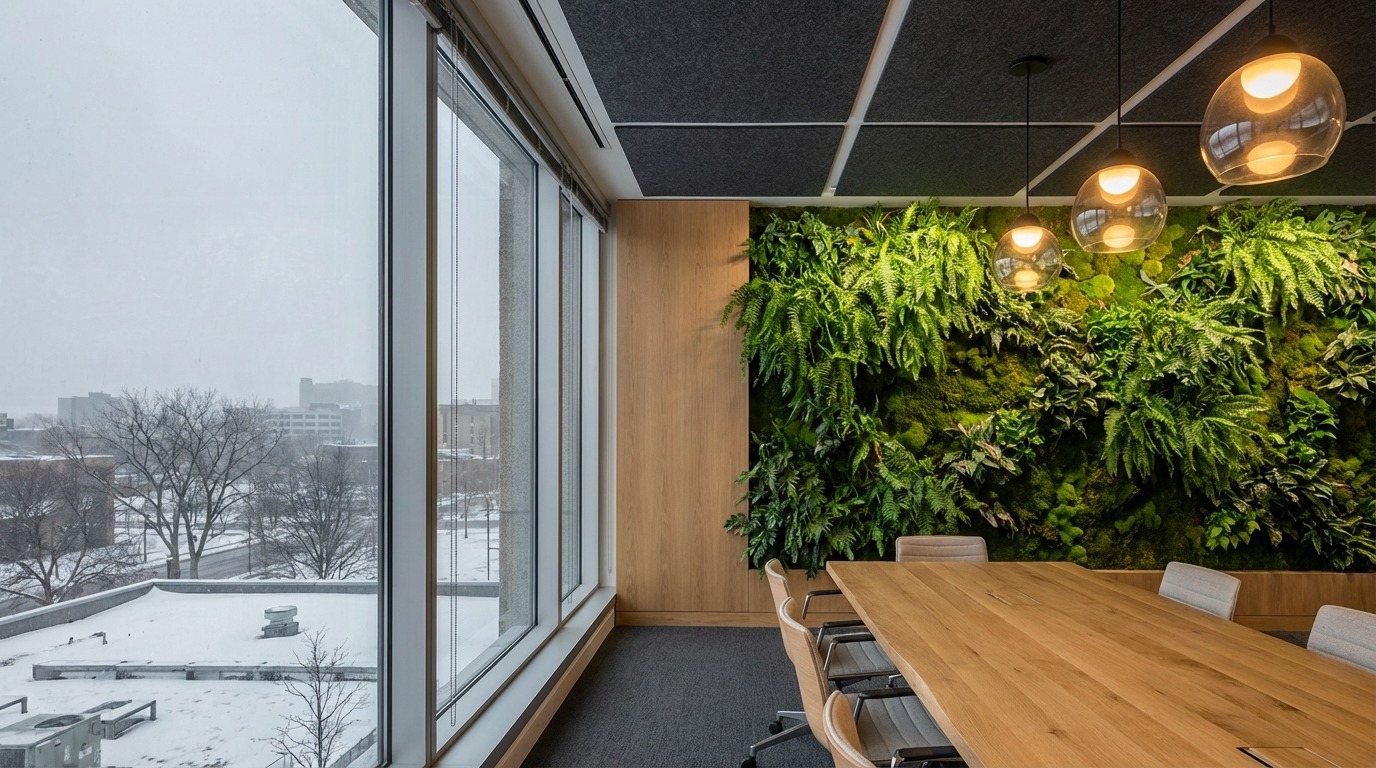 Human scale view of a Minneapolis biophilic office — standing eye level, living plant wall glowing center, floor-to-ceiling windows with snowy city visible on both sides, pendant lamps overhead, conference table in foreground