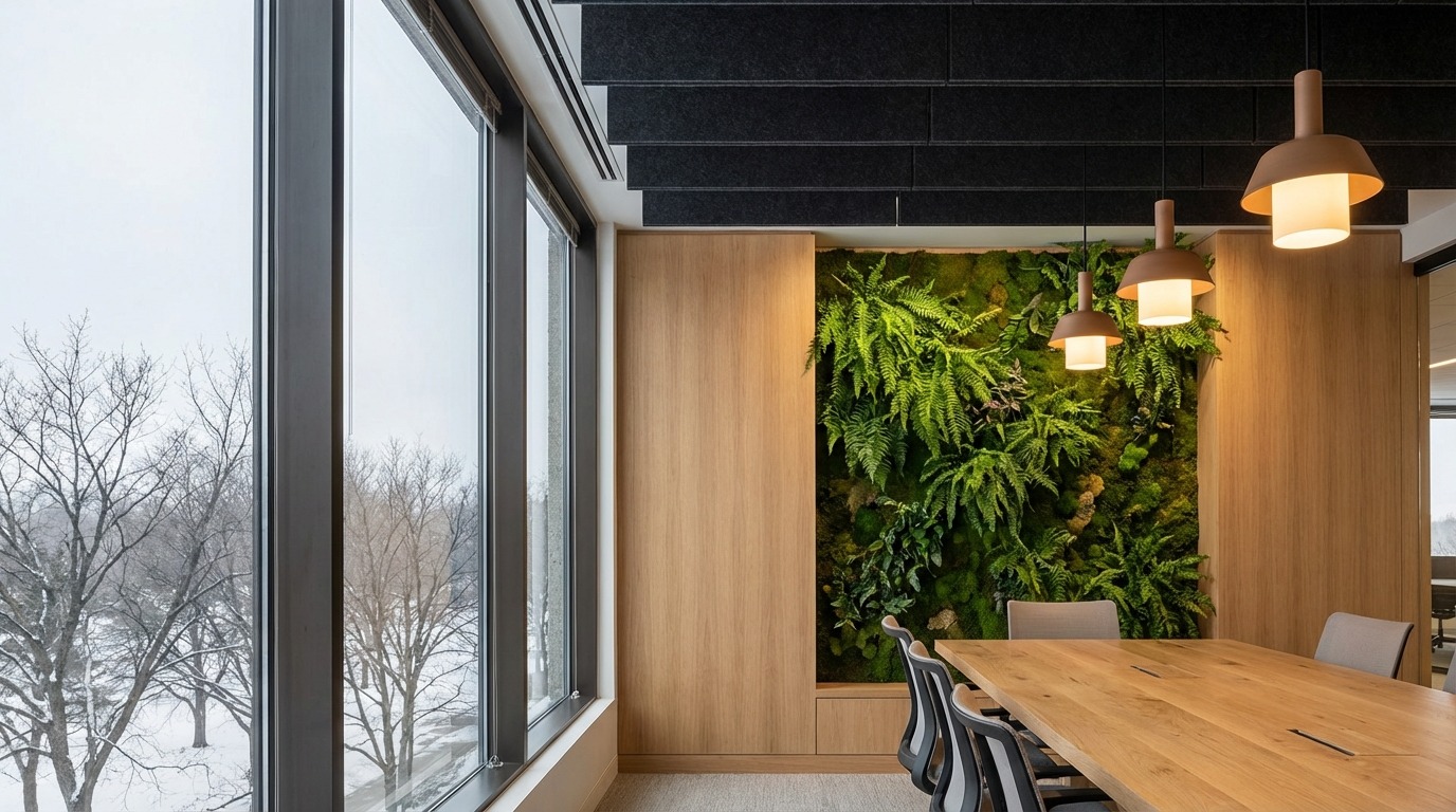 Biophilic office design in Minneapolis Minnesota — wide business case shot showing complete design system: conference table, living plant wall with warm LED lighting, white oak wood paneling, acoustic felt ceiling panels, pendant cluster, winter trees visible through floor-to-ceiling glass