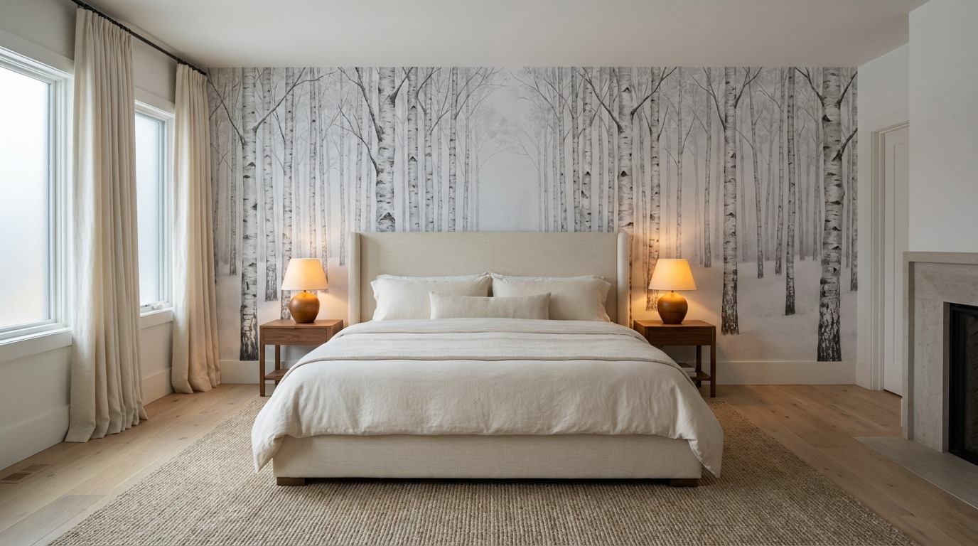 Minnesota primary bedroom with birch mural wallpaper — through-threshold angle showing sitting chair, large windows with ivory drapes pooling on wide plank oak floor, bright winter morning light