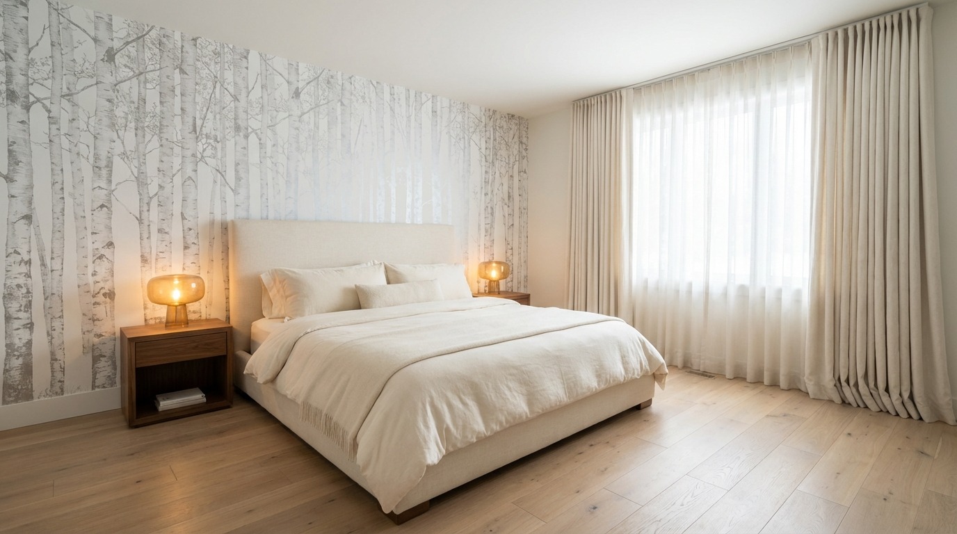 Close focal shot of ivory linen headboard against birch forest mural wallpaper — warm amber lamp glow on walnut nightstands, soft linen bedding, moody intimate bedroom atmosphere, Edina Minnesota home