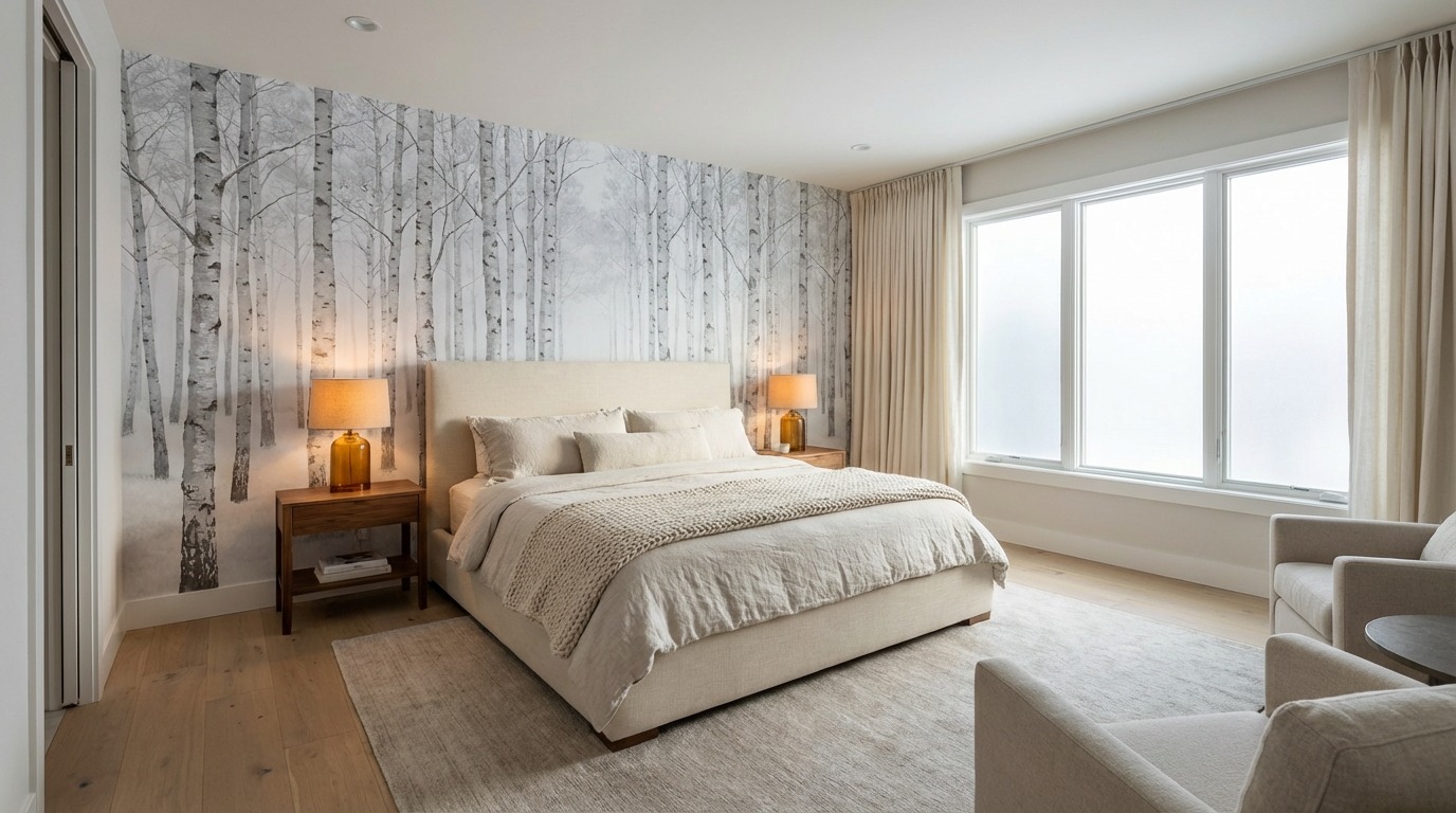 Primary bedroom with birch forest mural wallpaper in an Edina Minnesota home — silver-white birch trunks floor to ceiling behind ivory linen headboard, walnut nightstands, warm lamp glow, wide establishing shot