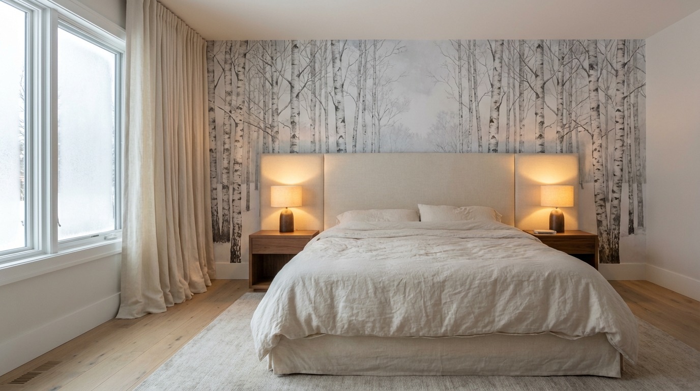 Birch forest mural wallpaper wrapping two walls of a Minnesota primary bedroom — amber globe bedside lamps glowing, ivory linen bedding, corner compression angle showing full mural coverage
