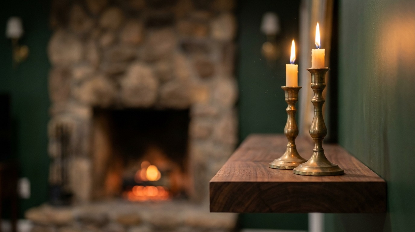 Unlacquered brass candleholders on dark walnut floating shelf, stone fireplace glowing in bokeh background — moody interior detail, Wayzata Minnesota lakeside home