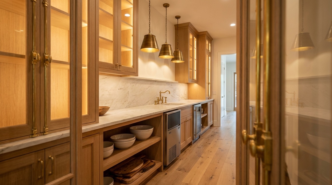 Close material proof of a luxury butler's pantry in Orono Minnesota — aged unlacquered brass cup pull on white oak drawer, honed marble counter edge with veining, glass-front cabinet with crystal above, brass pendant lamp warm glow, kitchen visible soft in background depth