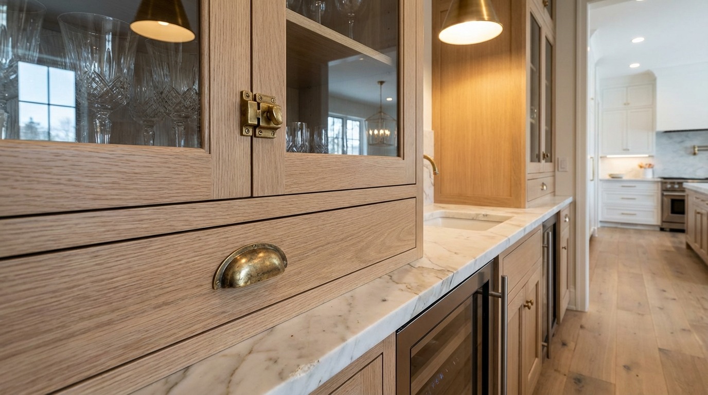 Full galley run of a luxury butler's pantry in Orono Minnesota — brass pendant lamps in a line above, honed marble backsplash, bridge faucet, ice maker, beverage fridge, open shelving with bowls and serving boards, white oak cabinetry floor to ceiling on both sides, door to kitchen glowing at far end