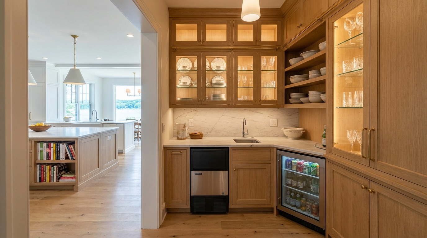 Material proof at cabinet door scale in an Orono Minnesota butler's pantry — brass cabinet door hardware with aged patina, glass-front white oak cabinet door with crystal stemware lit from within, honed marble counter below, full pantry run soft in background