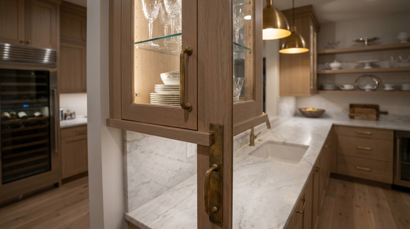 Contrast argument — view from inside a luxury butler's pantry in Orono Minnesota looking back through the doorway into the bright open kitchen beyond, white kitchen island, summer lake view through kitchen windows, warm oak pantry cabinetry in foreground