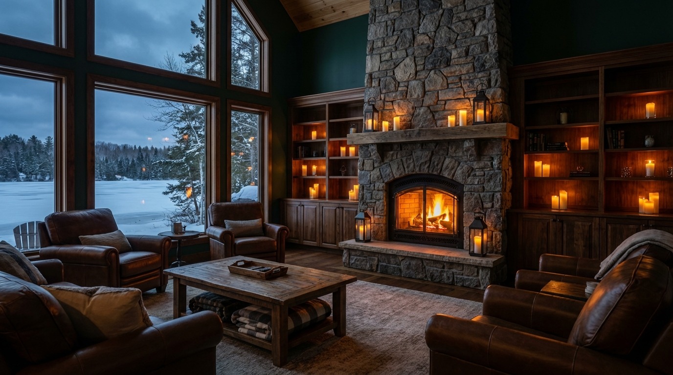 Dark forest green great room in a Minnesota lakeside home at dusk — stone fireplace, leather seating, walnut built-ins with candlelight, frozen lake and snowy pines through floor-to-ceiling windows