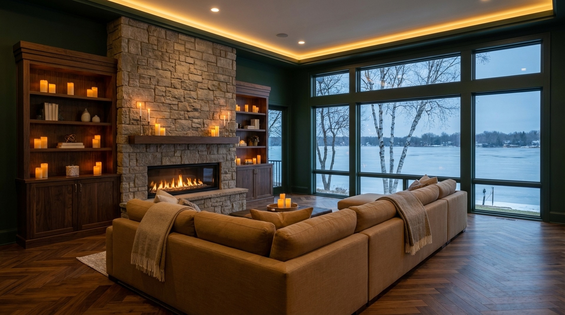 Dark moody great room in a Wayzata Minnesota lakeside home at dusk — forest green walls, walnut built-ins, stone fireplace with linear gas insert, camel sectional, frozen lake and birch trees through floor-to-ceiling windows
