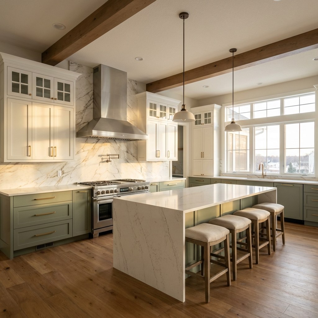 Custom chef's kitchen rebuild in Eden Prairie Minnesota — sage green and white two-tone cabinetry, Calacatta marble backsplash, professional range, waterfall island