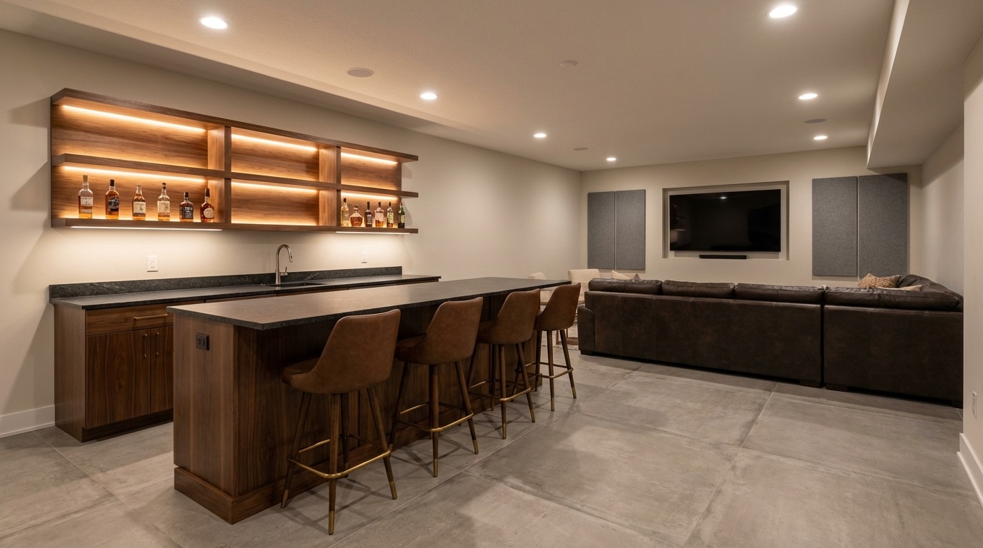 Minimal approach to a lower level bar in a Minnesota home — floating walnut shelves with LED strip lighting displaying bottles against a light wall, dark granite bar counter with leather and brass bar stools, TV with acoustic panels visible in lounge zone beyond, large format concrete tile floor