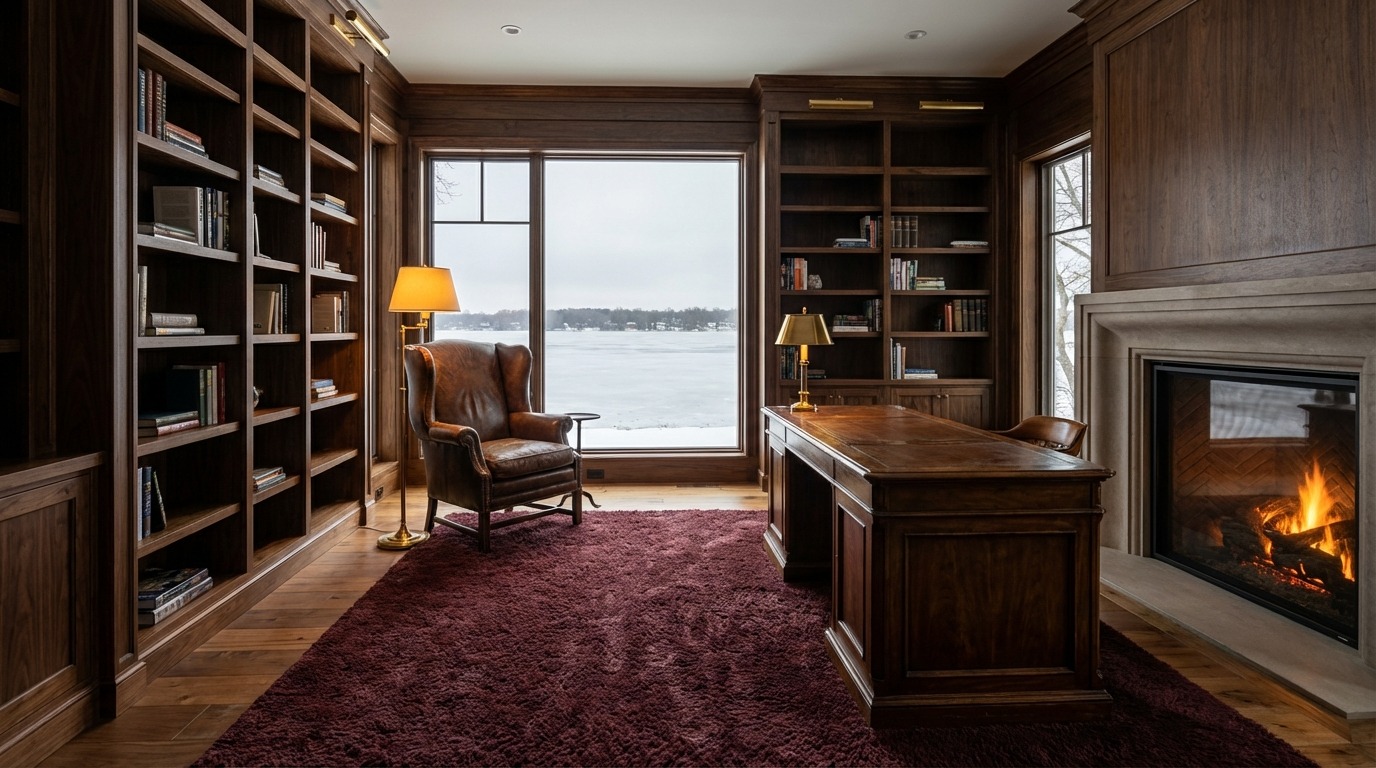 Luxury home library and analog study in a Wayzata Minnesota lakeside home — bilateral symmetry of dark walnut bookshelves flanking both walls, leather wingback chair at frozen lake window, writing desk with brass lamp, burgundy area rug, fireplace glowing left