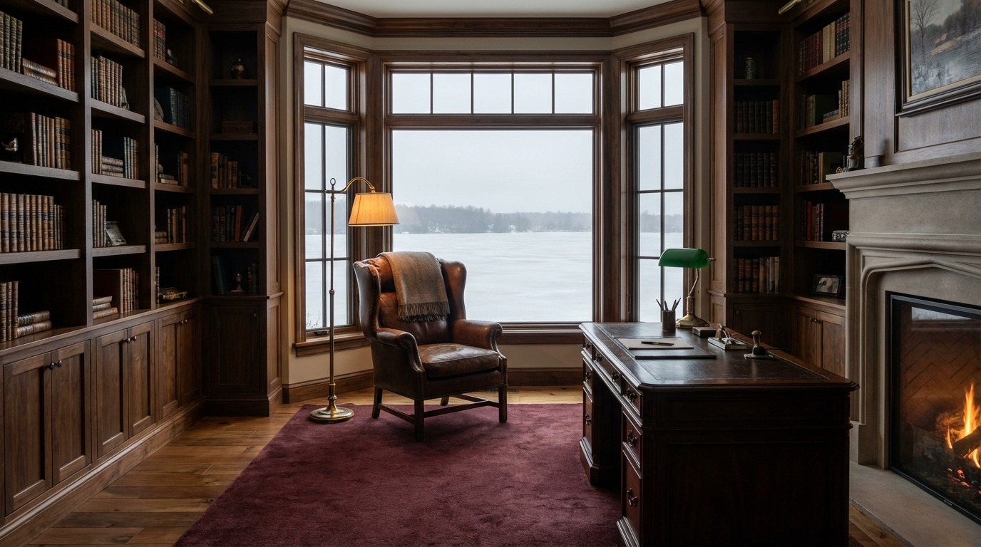 Corner compression view of a Minnesota home library — dark walnut bookshelves on two walls, antique Persian rug, green banker lamp on writing desk, leather chair at window showing frozen lake, stone fireplace glimpsed right