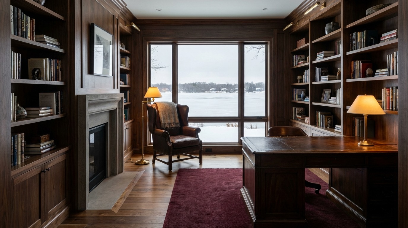 Full room view of a luxury Wayzata Minnesota home library — fireplace with glowing fire right, leather wingback chair at frozen lake window center, writing desk with brass lamp, dark walnut built-in bookshelves, deep burgundy shag rug