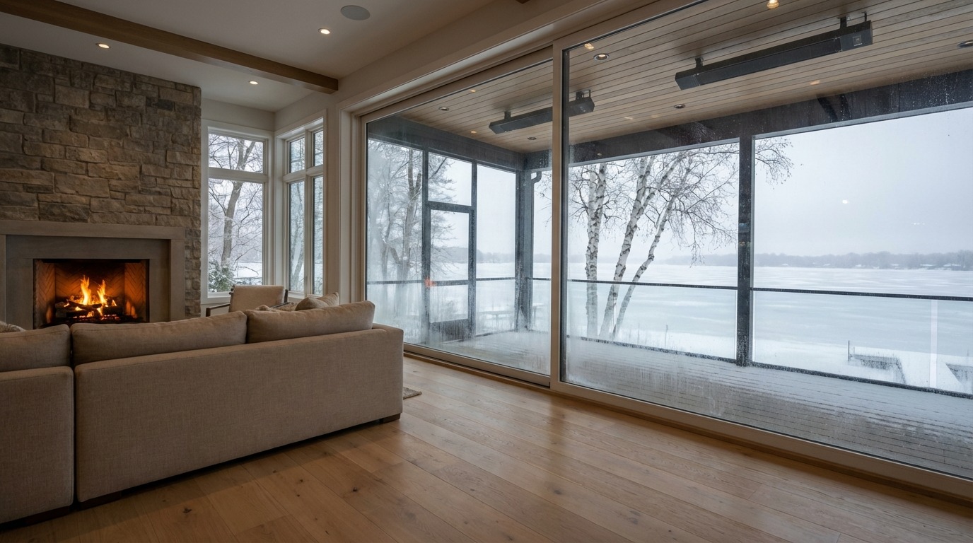 Contrast argument for Minnesota four-season indoor-outdoor design — frame split precisely in half: stone fireplace and warm linen sectional interior left, wood-clad sunroom with glass walls and frozen Lake Minnetonka and birch trees right, glass wall as exact dividing line