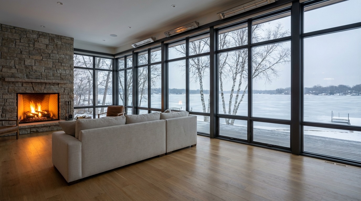 Floor level material proof on Lake Minnetonka — wide white oak planks filling foreground, floor-to-ceiling glass panels above showing frozen lake with dock and birch trees, stone fireplace fire reflected in glass at right edge