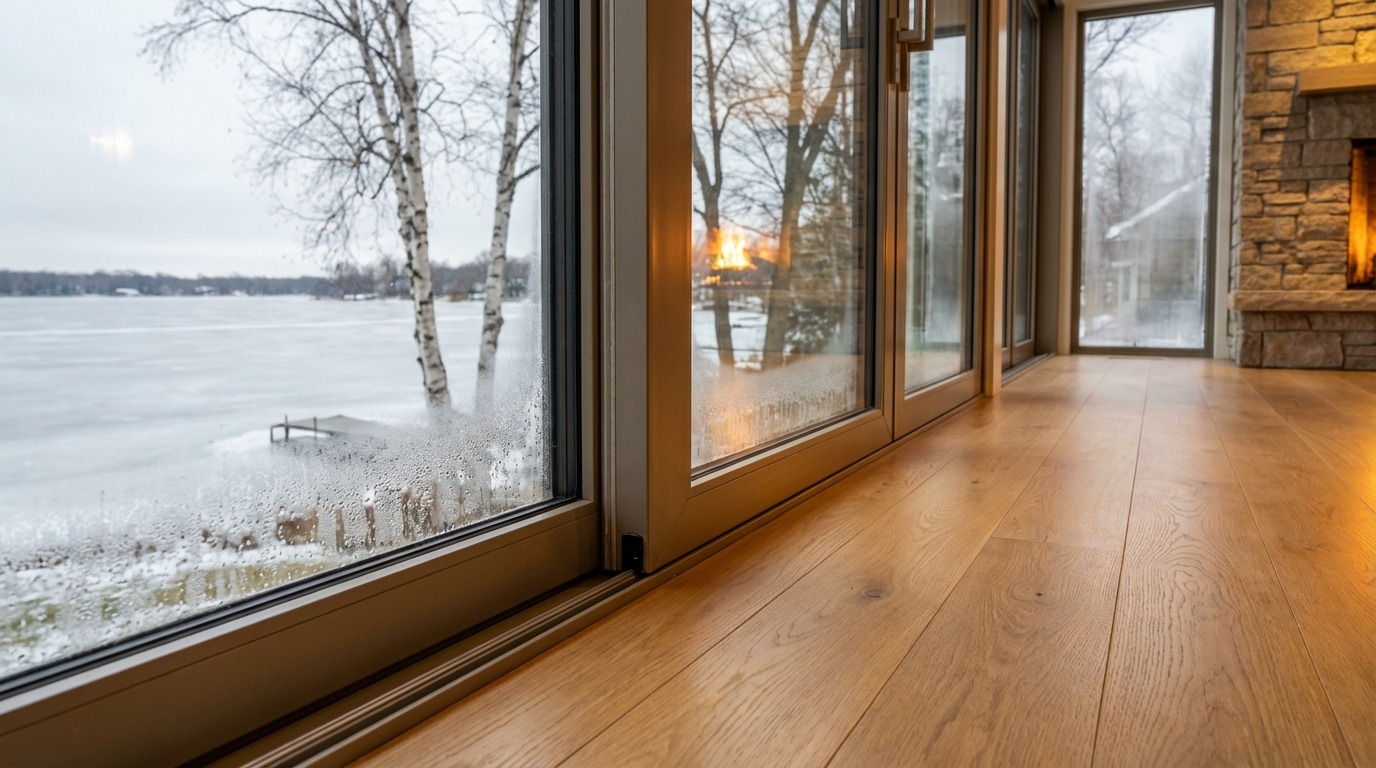 Business case view of four-season indoor-outdoor living on Lake Minnetonka — stone fireplace with active fire left, linen sectional, floor-to-ceiling thermally broken glass wall with infrared heaters at ceiling, frozen lake, birch trees, snow-covered deck visible beyond