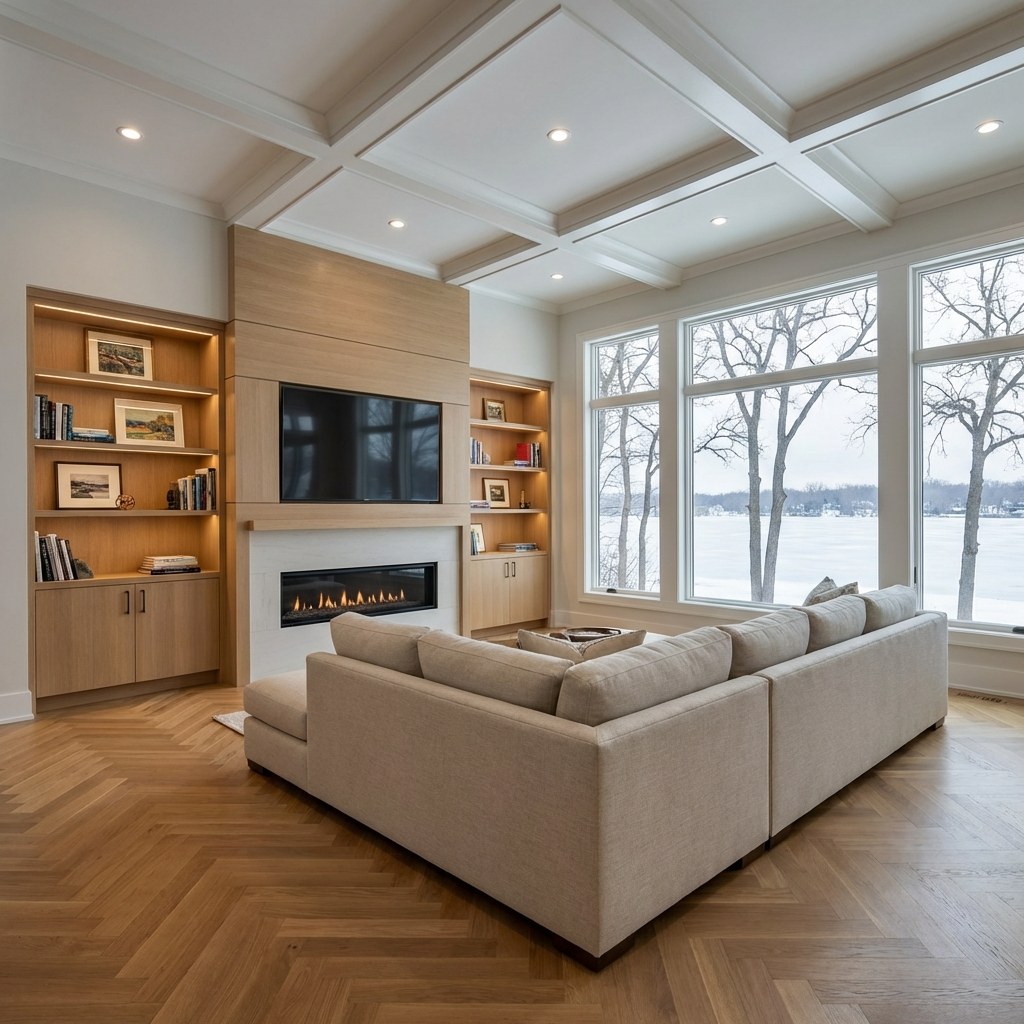 Luxury rebuilt great room on Lake Minnetonka — white oak built-ins, linear fireplace, herringbone floors, frozen lake view