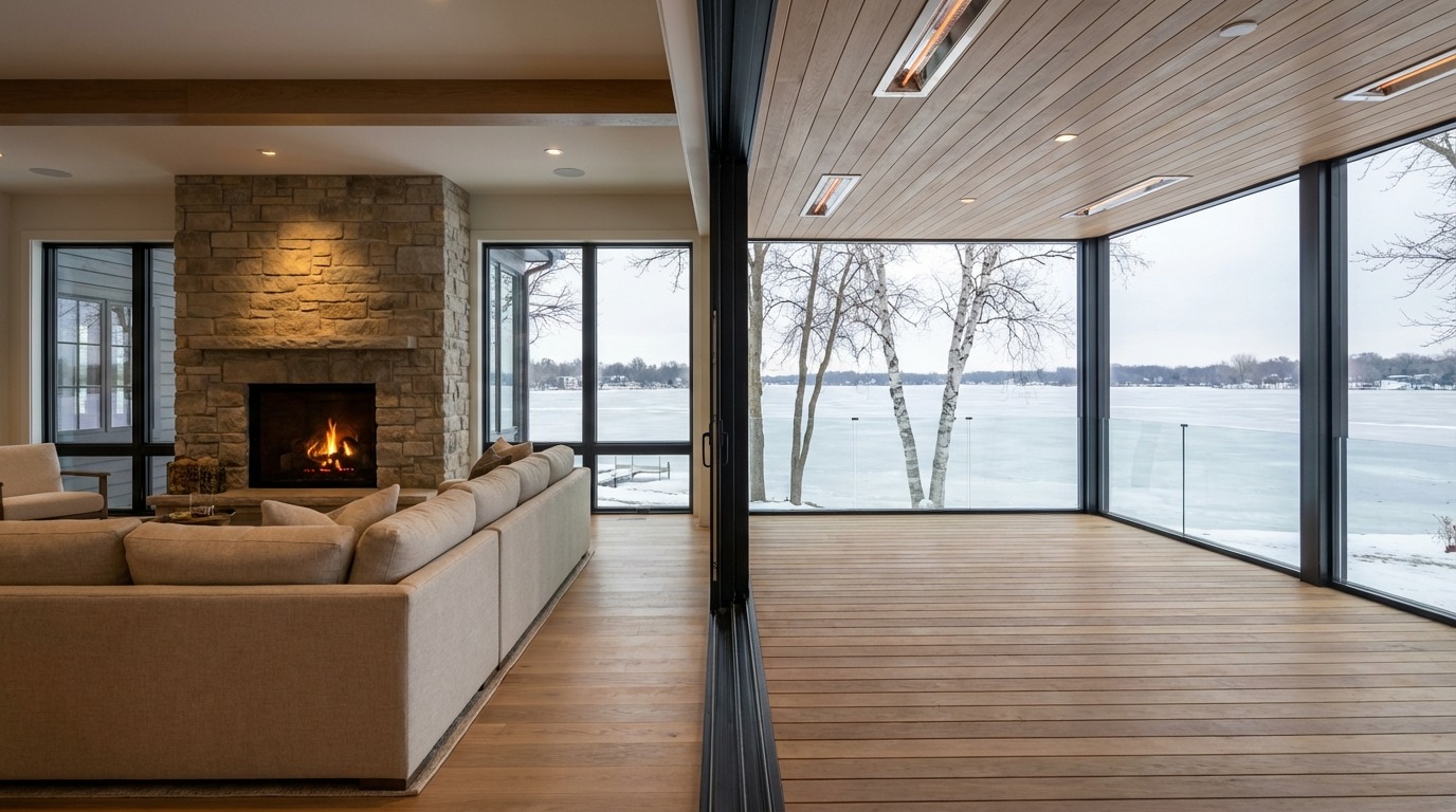 Material proof of four-season connection — white oak floor continuing from interior through glass door threshold into wood-clad sunroom, infrared heaters on sunroom ceiling, deck beyond, frozen Lake Minnetonka beyond that, birch trees visible