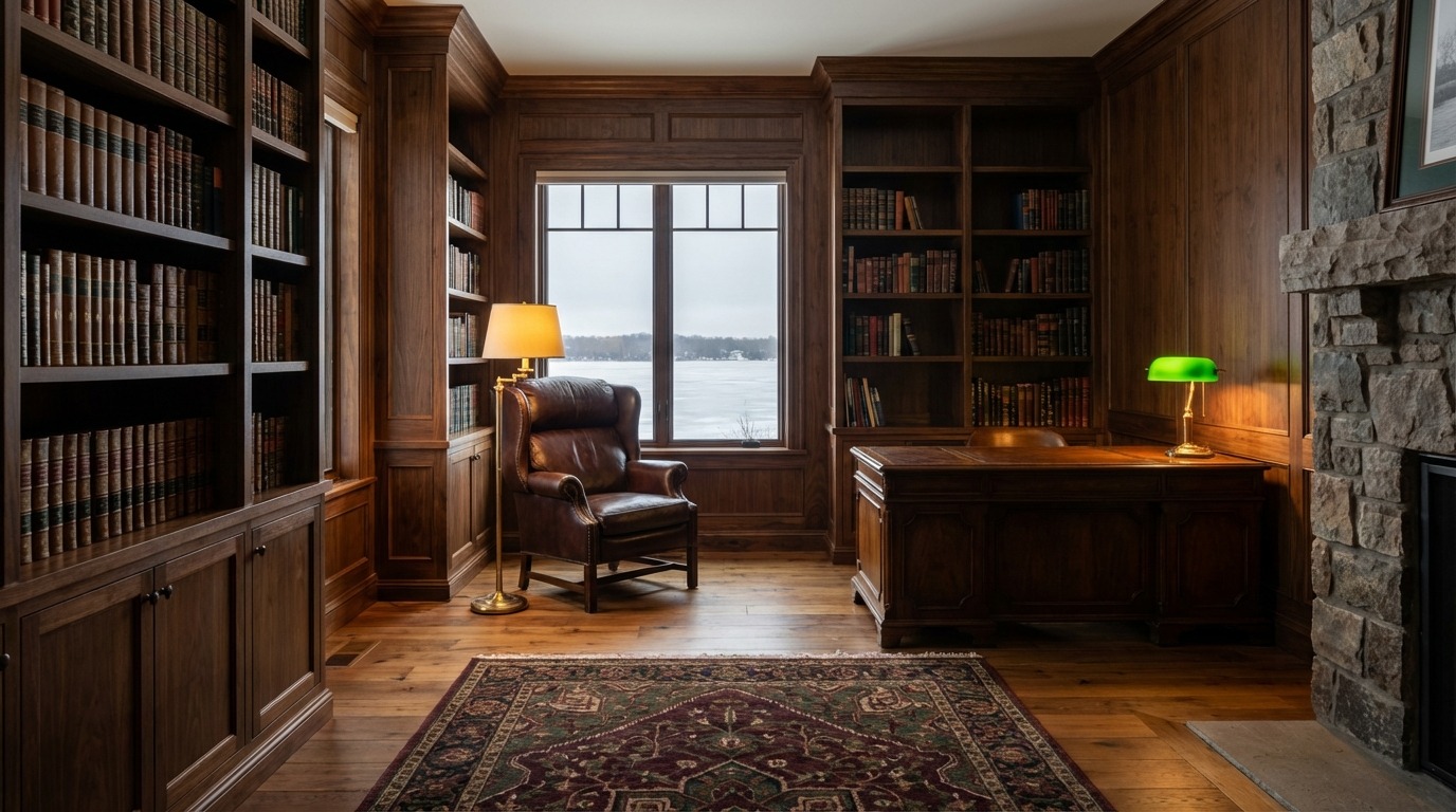 Leather wingback chair at frozen lake window in a Wayzata Minnesota home library — brass floor lamp glowing warm, dark walnut bookshelves flanking, gray frozen lake and bare trees through large window, writing desk with green banker lamp right