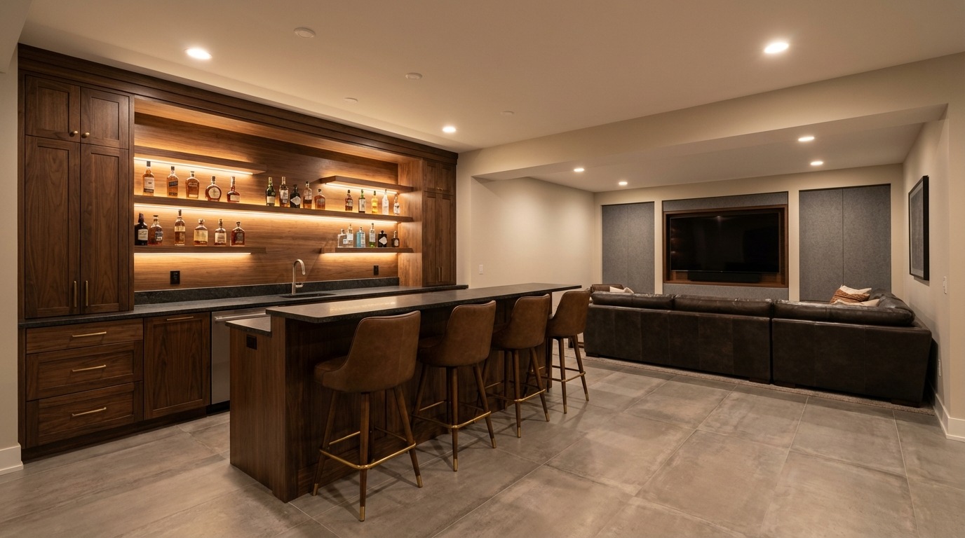 Opposite angle view of a Minnetonka Minnesota luxury lower level — from the lounge end looking back toward the walnut bar with full millwork cabinetry flanking backlit bottle shelves, leather sectional and acoustic panel TV wall visible, full depth of the lower level revealed in one frame