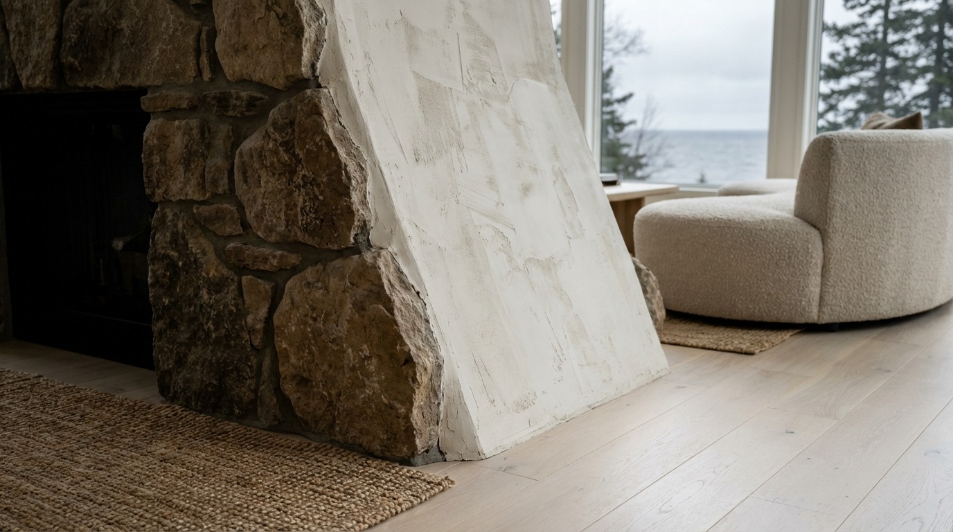 Wide business case view of a Malibu organic modern interior in a North Shore Minnesota lakeside home — single massive boulder fireplace surround, curved oatmeal boucle sectional on jute rug, raw plaster walls and ceiling, bleached white oak floors, linen curtains, Lake Superior and dark pine forest through floor-to-ceiling windows