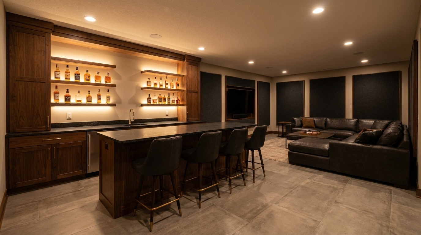 Wide establishing shot of a luxury lower level bar and lounge in a Minnetonka Minnesota home — walnut back bar with backlit LED shelves displaying whiskey bottles, dark granite bar counter, leather and brass bar stools, concrete-look porcelain tile floor, leather sectional sofa facing recessed TV with acoustic panels beyond