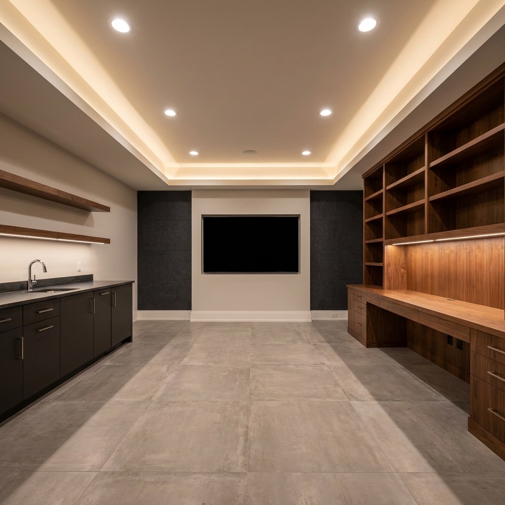 Luxury lower level rebuild in Minnetonka Minnesota — custom walnut millwork desk wall, recessed TV with acoustic panels, wet bar, concrete-look porcelain tile