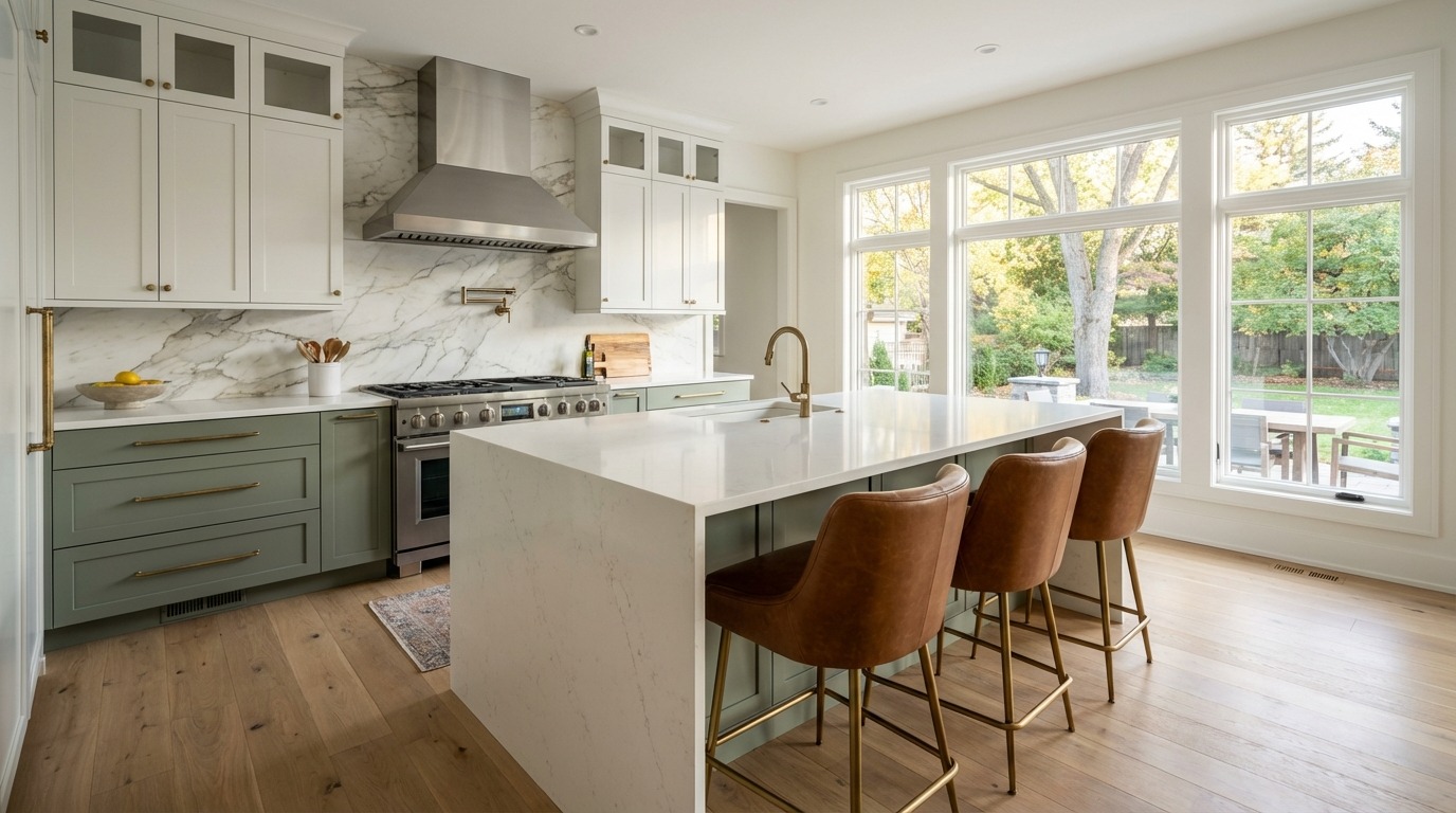 Wide establishing shot of a New York loft-influenced luxury kitchen in an Edina Minnesota home — sage green lower cabinets, white shaker uppers with glass fronts, Calacatta marble backsplash, professional range with stainless hood, white quartz waterfall island with leather and brass bar stools, wide plank white oak floors, summer tree view through large windows