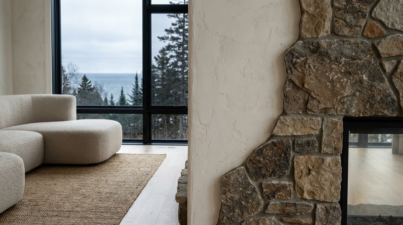 Contrast argument — raw plaster wall texture filling the right frame, linen curtain at left edge, curved boucle chair arm in foreground, Lake Superior with dark pine forest through window center in a North Shore Minnesota organic modern home