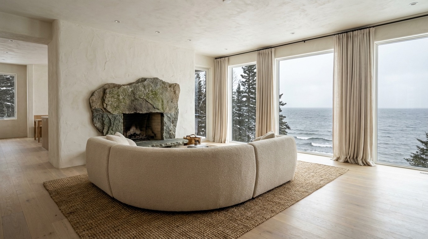Floor level material proof in a North Shore Minnesota organic modern home — irregular stone fireplace base meeting bleached white oak floor meeting jute rug edge, curved boucle sectional visible right, Lake Superior through window beyond